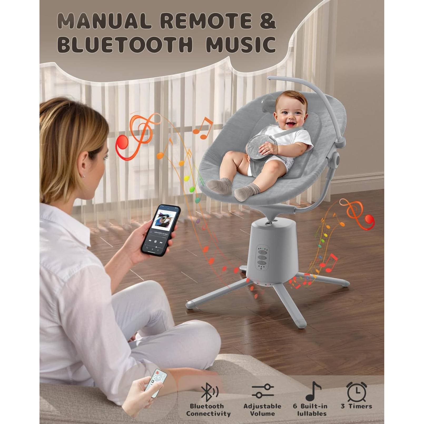 Baby Swing,Baby Swings For Infants With 3 Modes & 5 Speeds BT Enabled App & Remote Control, Electric Swing 6 Melodies And 3 Timer Setting